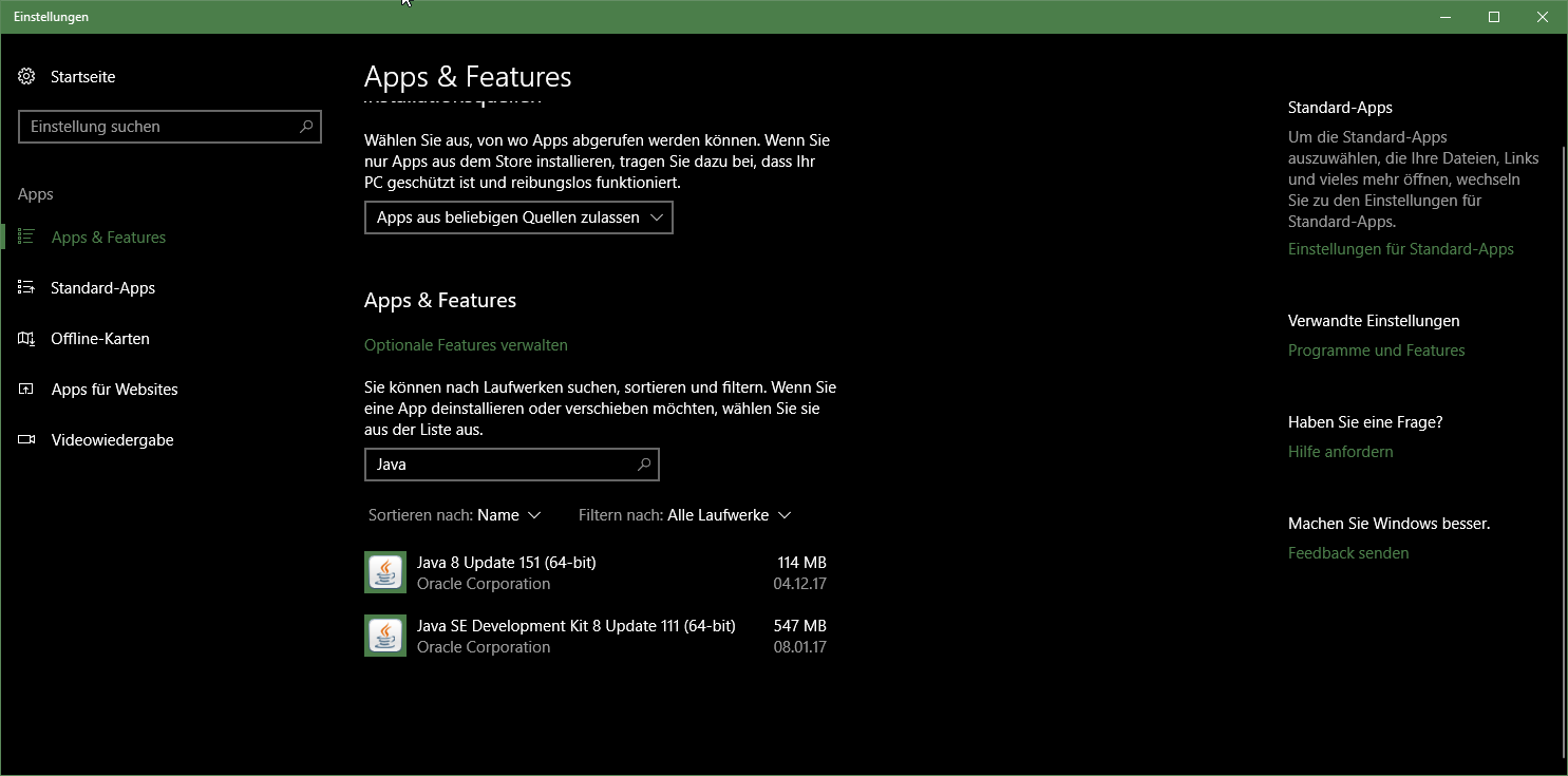 Apps und Features unter Windows 10